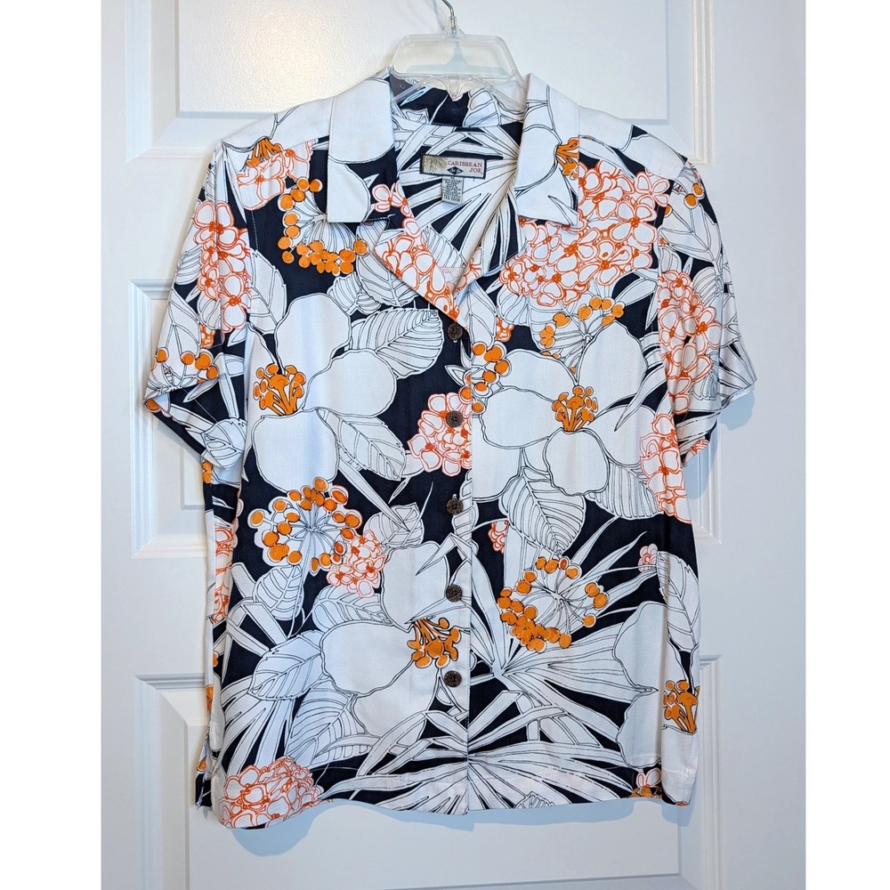Caribbean Joe Tropical Floral Button Up Shirt Medium